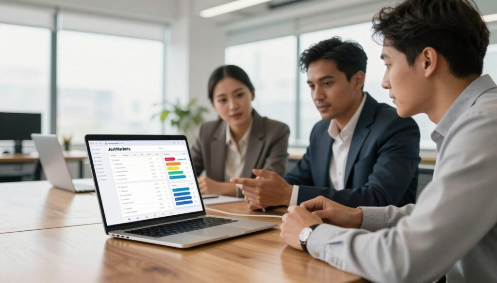 A modern digital workspace showcasing the JustMarkets platform on a sleek laptop screen, placed on a polished wooden desk. In the foreground, a professional, diverse team of three individuals—two men and one woman—all dressed in smart business attire, are engaging in a discussion, studying the platform together. The middle ground features the laptop displaying various account types offered by JustMarkets, with colorful graphs and financial data visible on the screen. In the background, a bright, airy office with large windows allows natural light to flood in, creating a warm and inviting atmosphere. The overall mood is focused and collaborative, emphasizing the excitement of exploring financial opportunities with JustMarkets. Use a wide-angle lens effect to capture the scene dynamically.