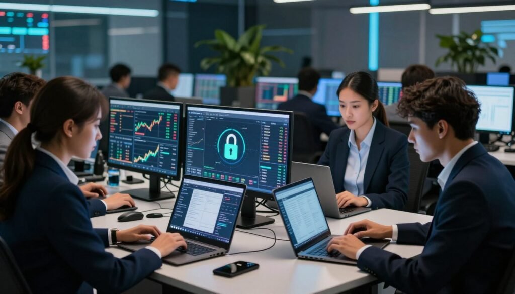 A modern, secure trading environment showcasing JustMarkets' security measures. In the foreground, a professional, diverse team of traders in business attire examines data on sleek laptops, exuding focus and confidence. In the middle ground, transparent screens display real-time market data with graphics representing security elements like lock icons and charts demonstrating stability. The background features a high-tech trading floor with LED panels and green plants, creating a vibrant, futuristic atmosphere. Soft, focused lighting highlights the team's determination while casting gentle shadows, enhancing the sense of professionalism. The overall mood conveys trust, reliability, and innovation, ideal for illustrating a secure gateway to financial markets.