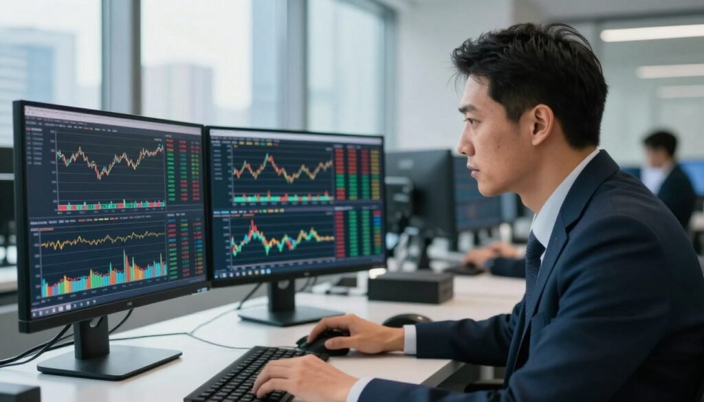 A professional trader in business attire, intensely focused on multiple computer screens displaying market trends and analysis, symbolizing the concept of low spreads and fast trading with a sleek, modern office background. The foreground features the trader, with a close-up view of their determined expression as they analyze data, while the middle showcases high-tech monitors filled with charts and currency pairs. In the background, a blurred city skyline through large windows reflects a vibrant trading atmosphere with a sense of urgency. Bright, natural lighting floods the office, creating an energetic and motivating mood, emphasizing precision and speed in trading. The overall composition captures the professional environment and competitive nature of trading.